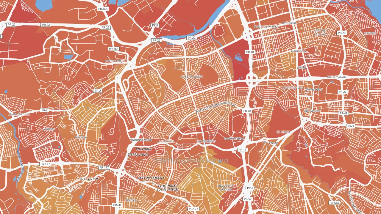 Map of the best neighborhoods in the Urbanizacion Caparra Terrace, San Juan area, with better matches in green and worse matches in red