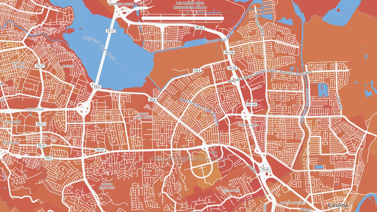 Map of the best neighborhoods in the Urbanizacion Country Club, San Juan area, with better matches in green and worse matches in red