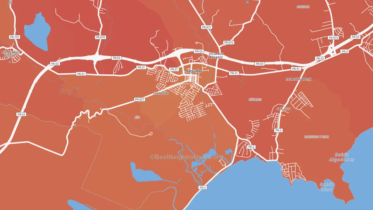 Map of the best neighborhoods in the Urbanizacion Diplo, Naguabo area, with better matches in green and worse matches in red