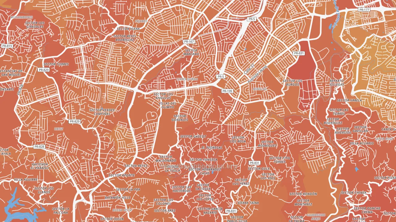 Map of the best neighborhoods in the Urbanizacion El Cortijo, Bayamon area, with better matches in green and worse matches in red