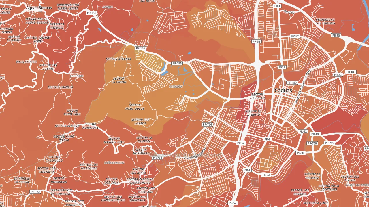Map of the best neighborhoods in the Urbanizacion El Valle At Los Prados, Caguas area, with better matches in green and worse matches in red