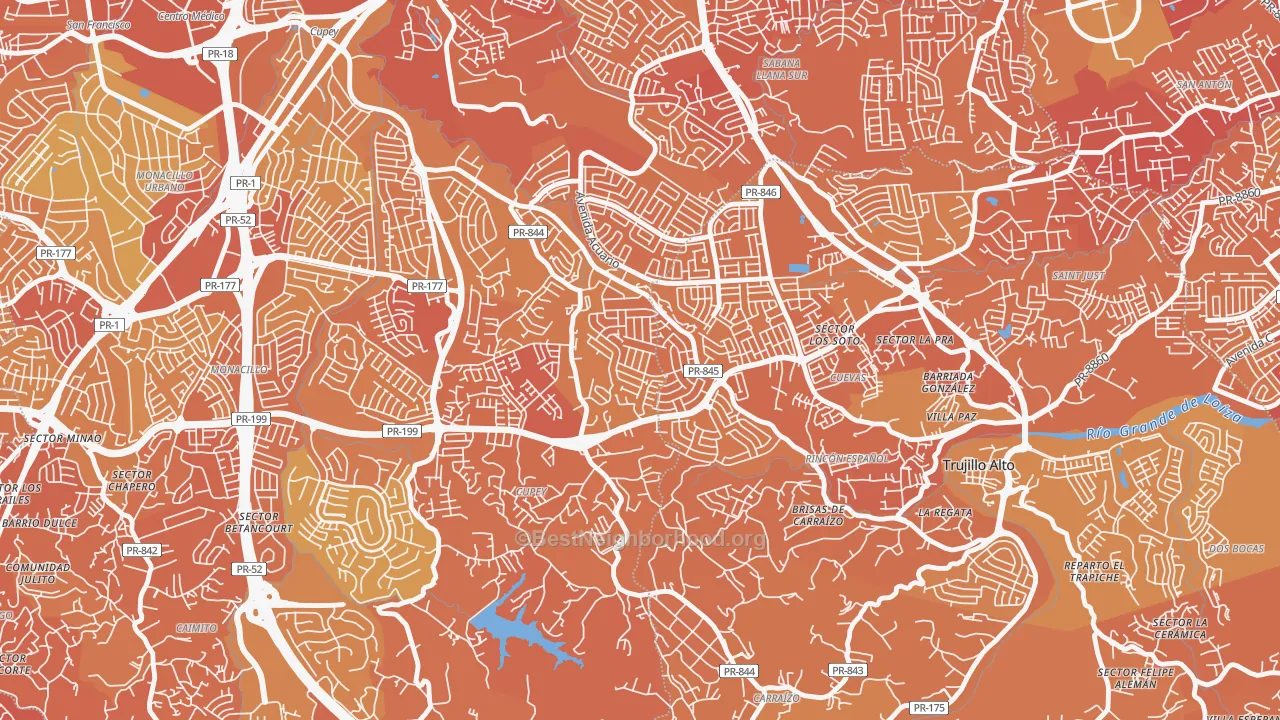 Map of the best neighborhoods in the Urbanizacion Fairview, San Juan area, with better matches in green and worse matches in red