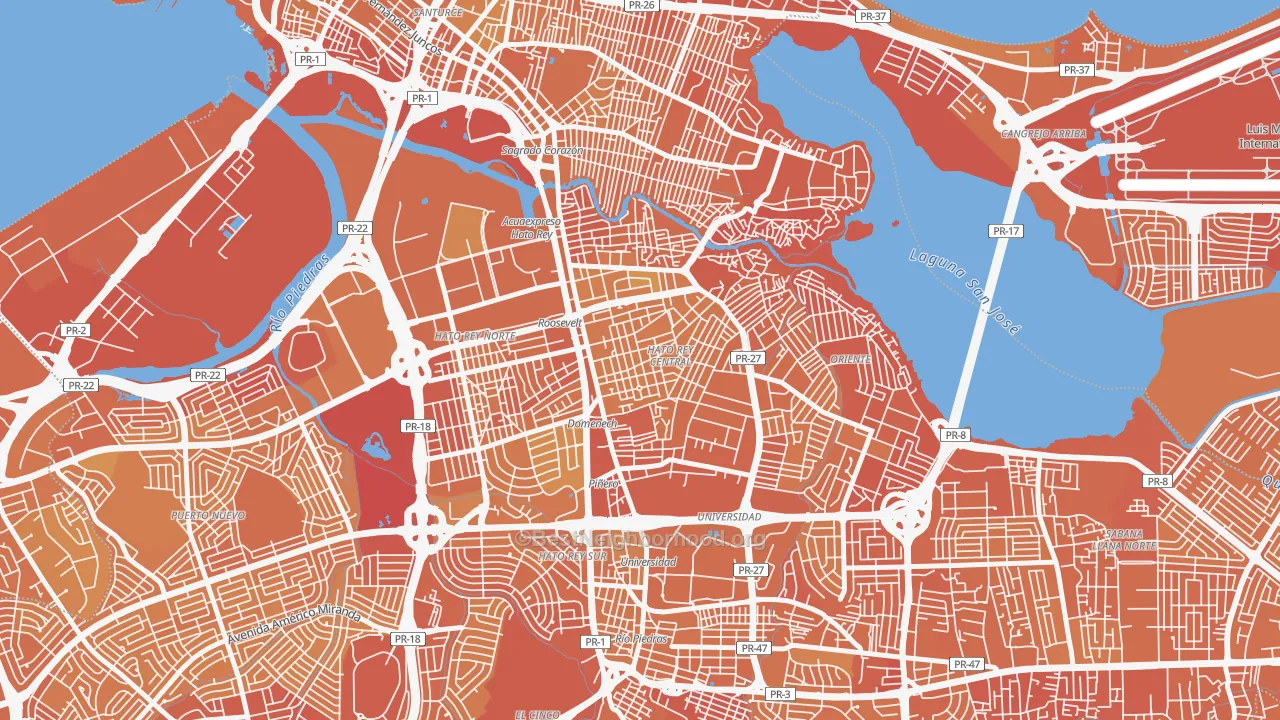 Map of the best neighborhoods in the Urbanizacion Floral Park, San Juan area, with better matches in green and worse matches in red