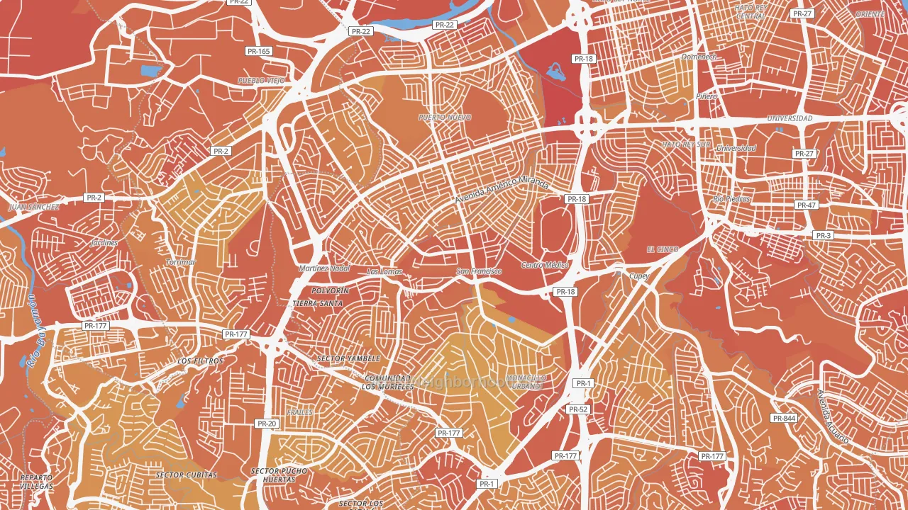 Map of the best neighborhoods in the Urbanizacion La Riviera, San Juan area, with better matches in green and worse matches in red