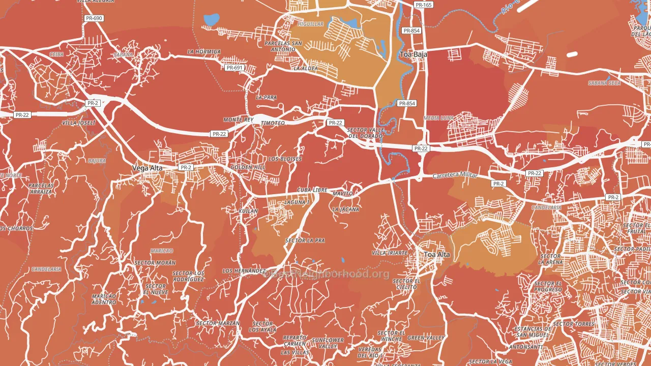 Map of the best neighborhoods in the Urbanizacion Las Colinas, Dorado area, with better matches in green and worse matches in red