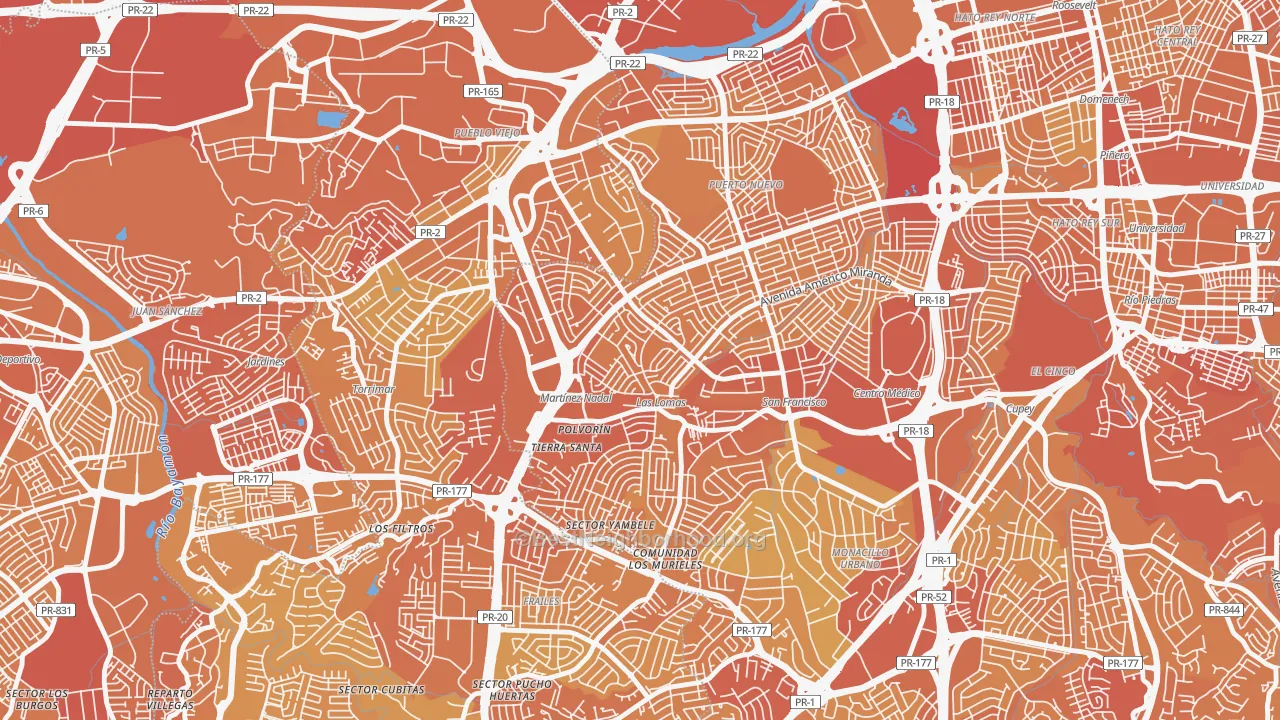 Map of the best neighborhoods in the Urbanizacion Las Lomas, San Juan area, with better matches in green and worse matches in red