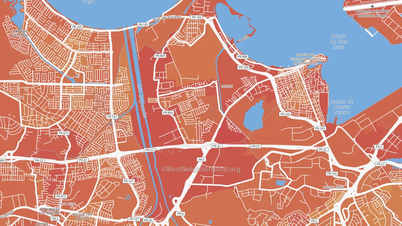 Map of the best neighborhoods in the Urbanizacion Las Vegas, Catano area, with better matches in green and worse matches in red