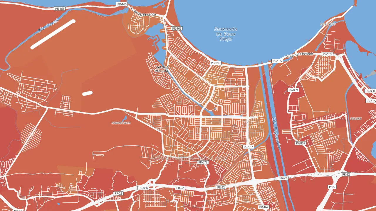 Map of the best neighborhoods in the Urbanizacion Levittown Lakes, Toa Baja area, with better matches in green and worse matches in red