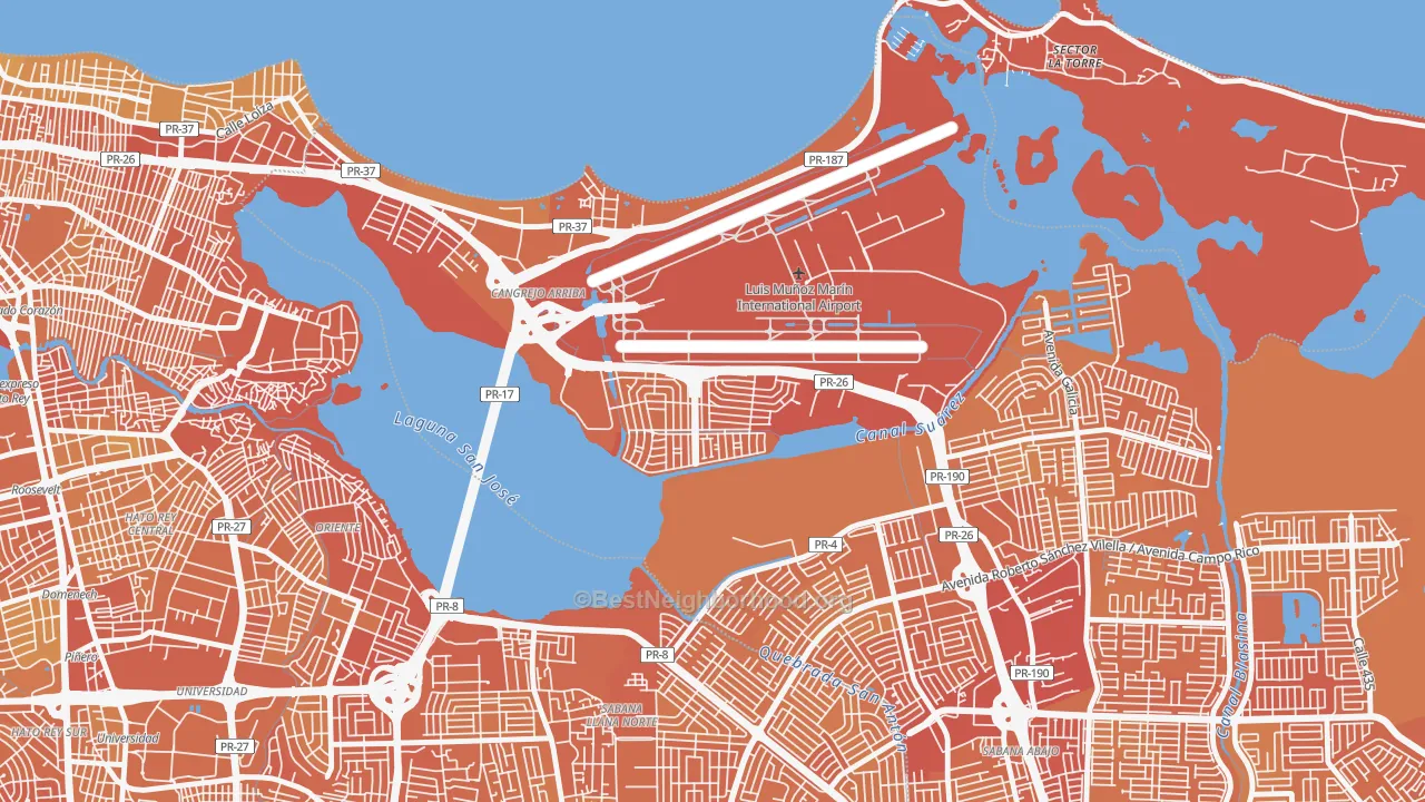 Map of the best neighborhoods in the Urbanizacion Los Angeles, Carolina area, with better matches in green and worse matches in red