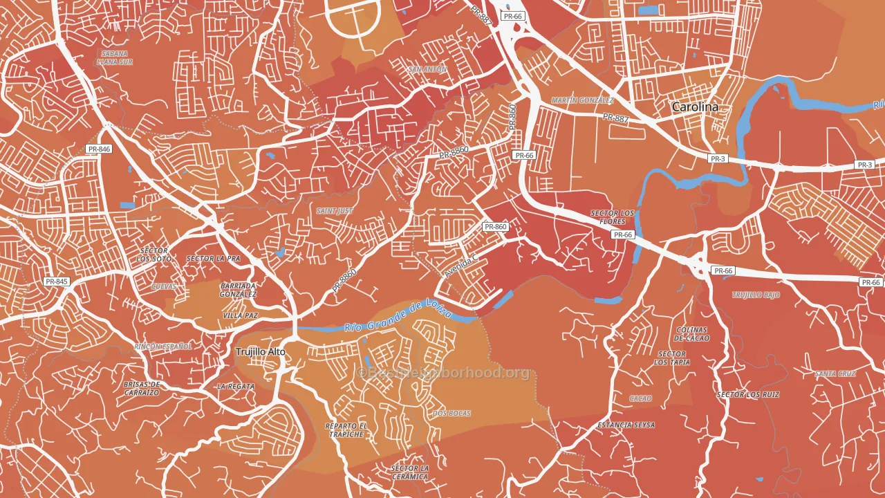 Map of the best neighborhoods in the Urbanizacion Metropolis, Carolina area, with better matches in green and worse matches in red
