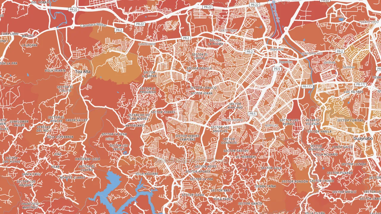 Map of the best neighborhoods in the Urbanizacion Miraflores, Bayamon area, with better matches in green and worse matches in red