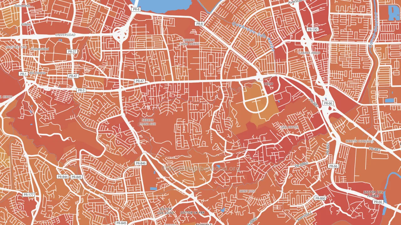 Map of the best neighborhoods in the Urbanizacion Monte Carlo-San Juan, San Juan area, with better matches in green and worse matches in red