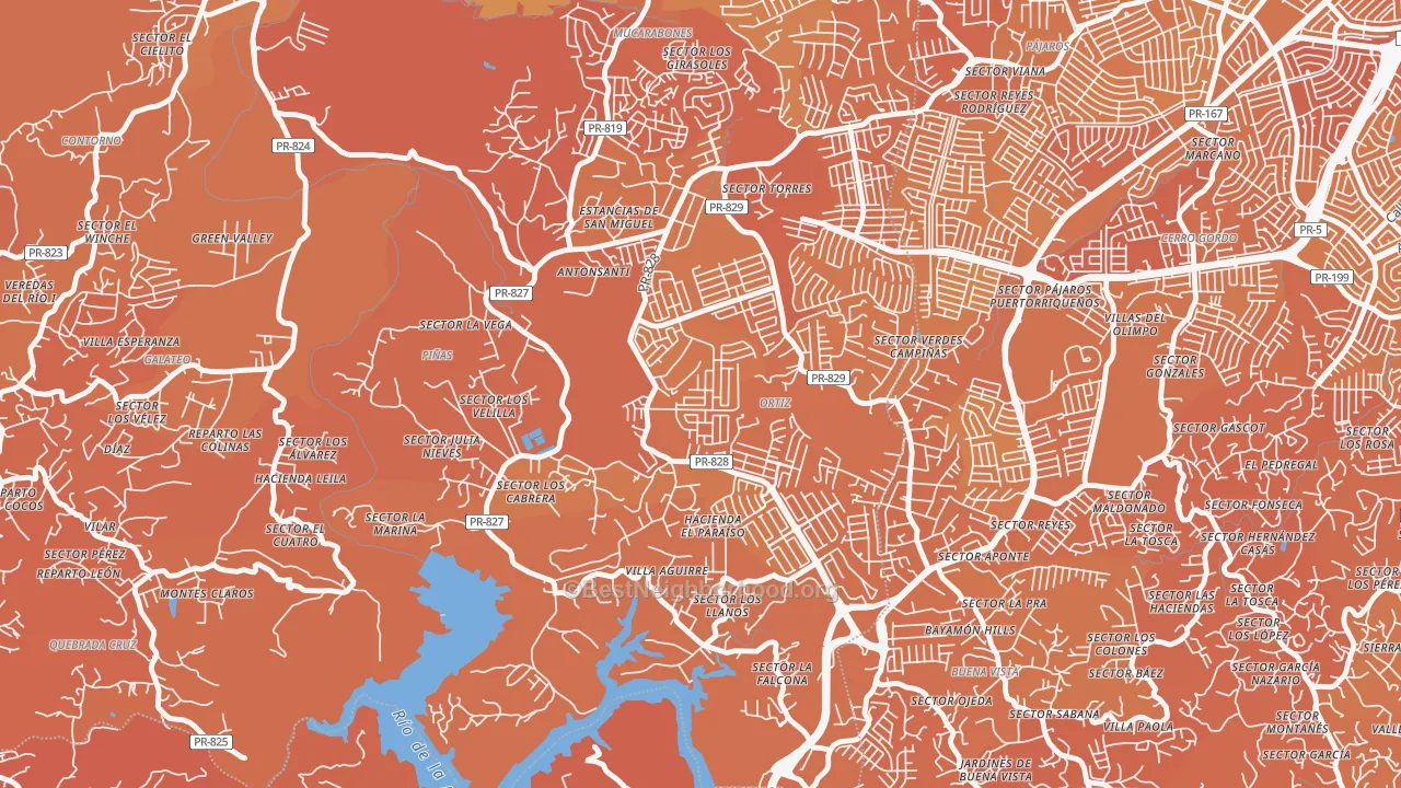 Map of the best neighborhoods in the Urbanizacion Palacios del Rio 2, Bayamon area, with better matches in green and worse matches in red