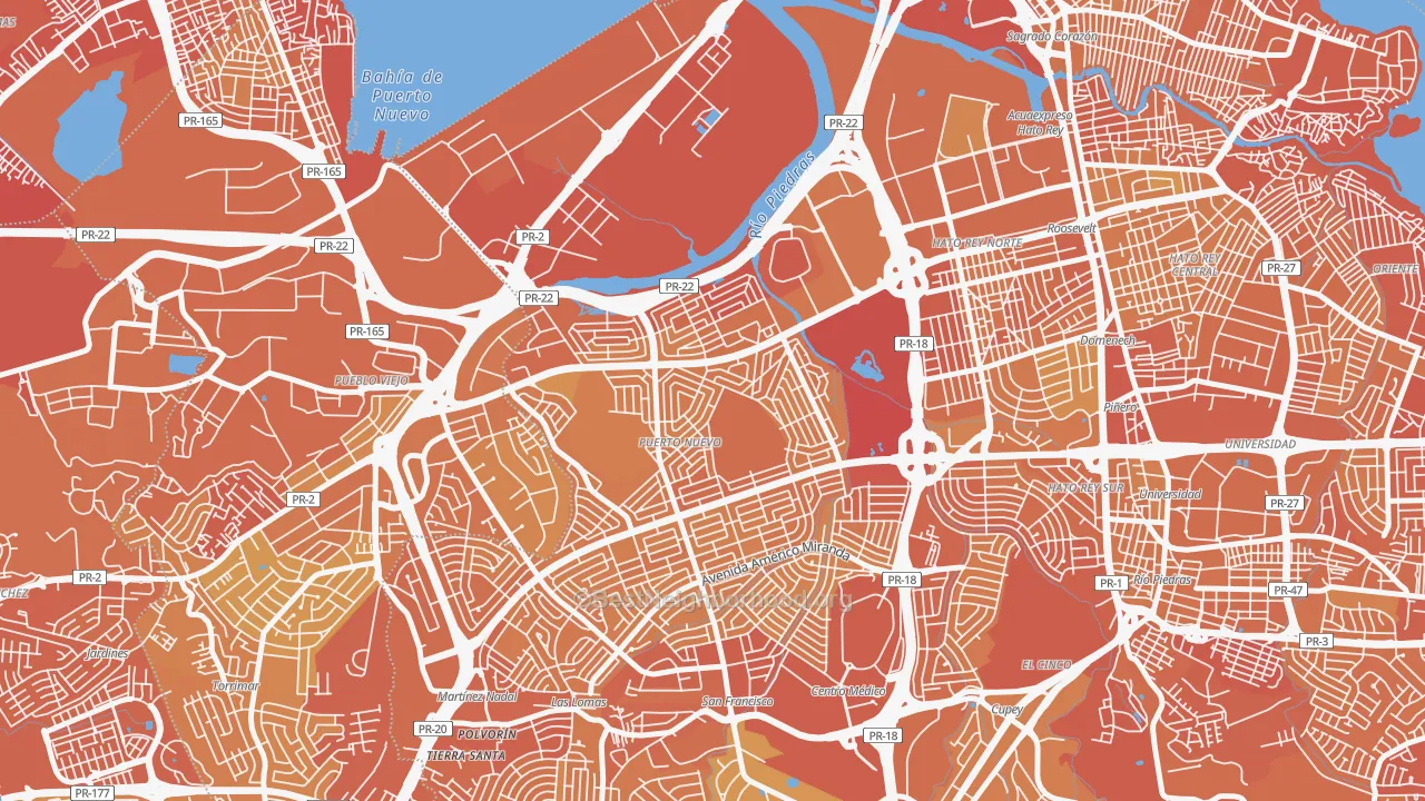 Map of the best neighborhoods in the Urbanizacion Puerto Nuevo, San Juan area, with better matches in green and worse matches in red