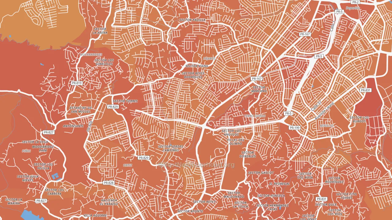 Map of the best neighborhoods in the Urbanizacion Rexville, Bayamon area, with better matches in green and worse matches in red