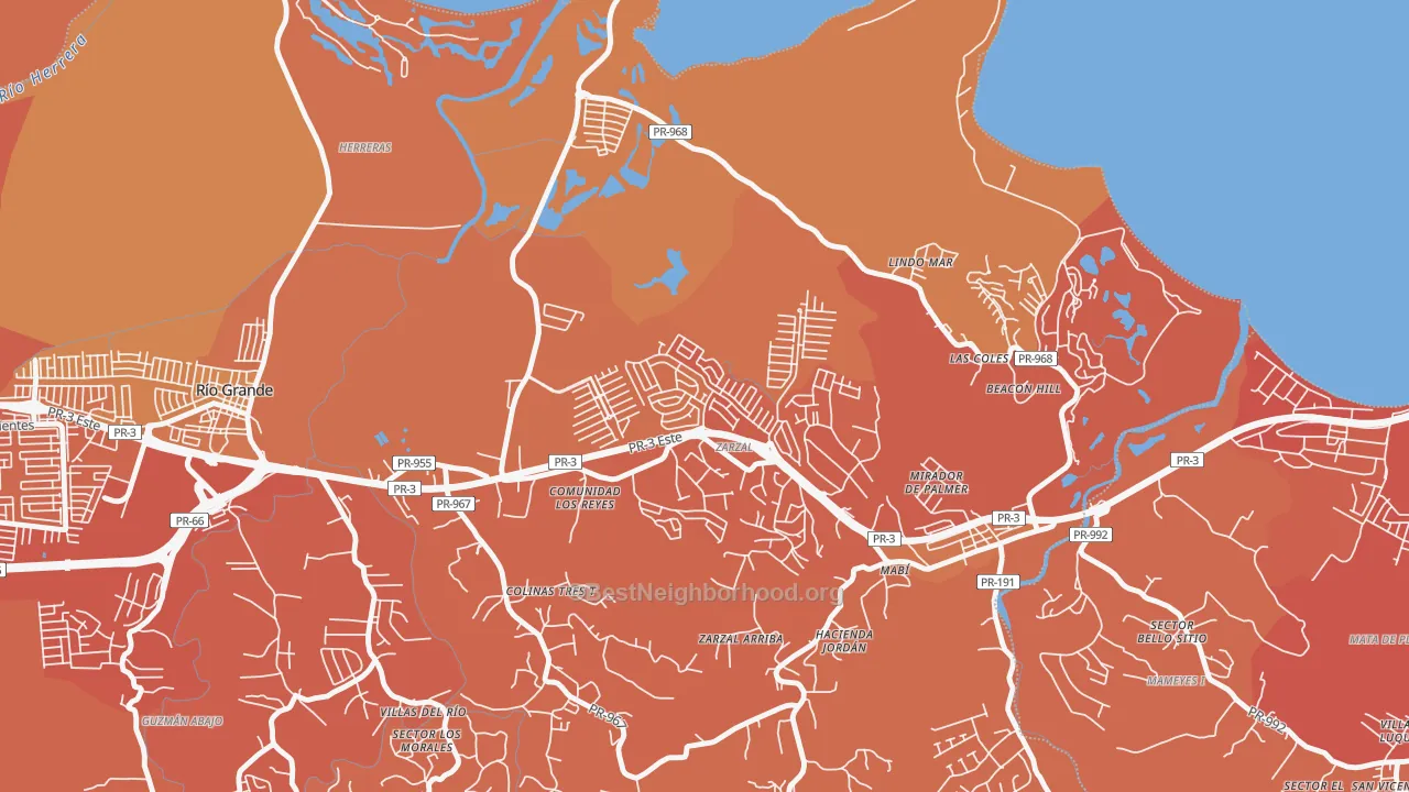 Map of the best neighborhoods in the Urbanizacion Rio Grande Estates, Rio Grande area, with better matches in green and worse matches in red