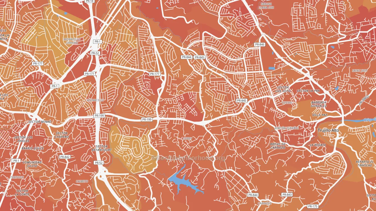 Map of the best neighborhoods in the Urbanizacion Rivieras de Cupey, San Juan area, with better matches in green and worse matches in red