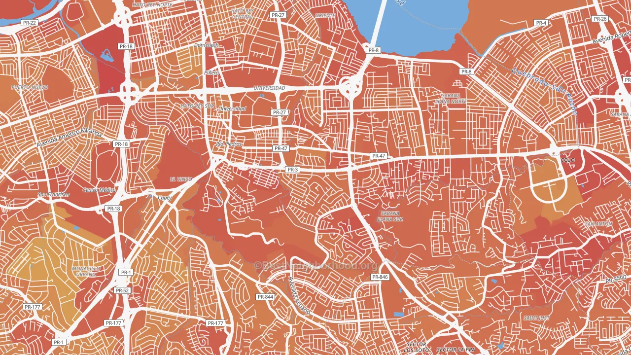 Map of the best neighborhoods in the Urbanizacion San Agustin, San Juan area, with better matches in green and worse matches in red