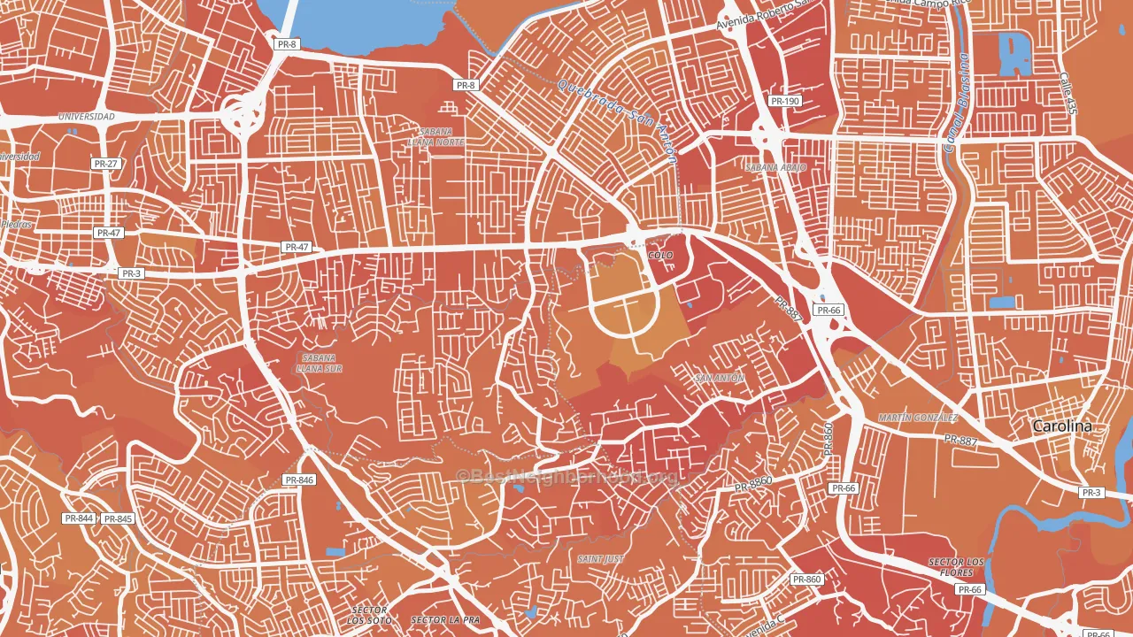Map of the best neighborhoods in the Urbanizacion San Martin, San Juan area, with better matches in green and worse matches in red