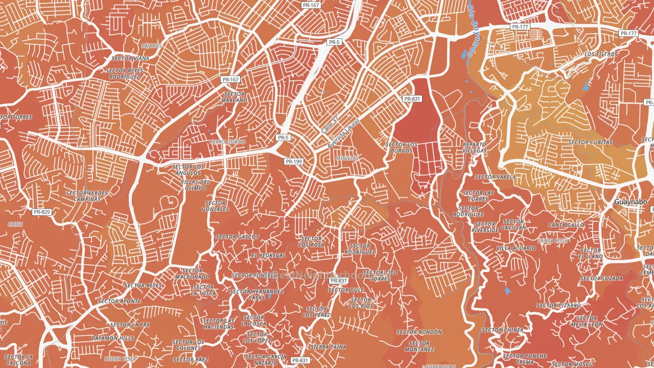 Map of the best neighborhoods in the Urbanizacion Santa Juanita, Bayamon area, with better matches in green and worse matches in red
