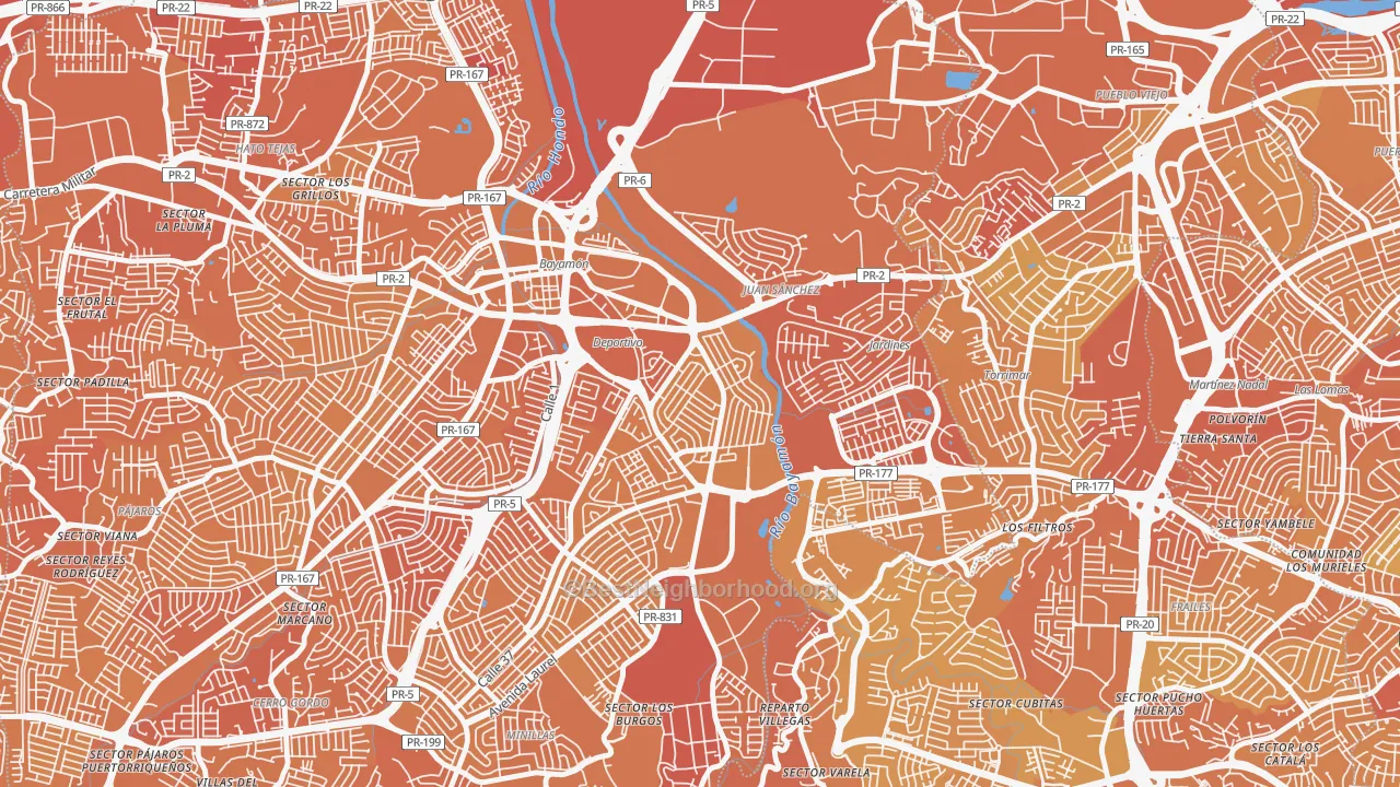 Map of the best neighborhoods in the Urbanizacion Santa Rosa, Bayamon area, with better matches in green and worse matches in red
