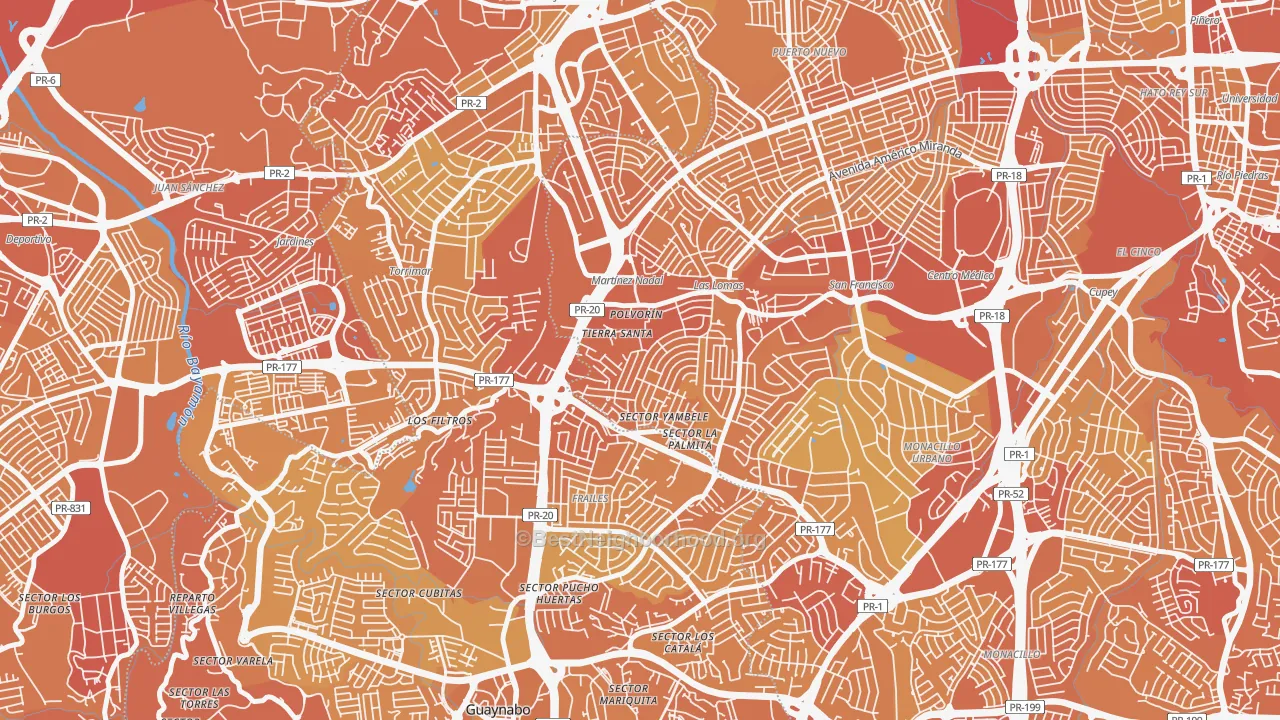 Map of the best neighborhoods in the Urbanizacion Santiago Iglesias, San Juan area, with better matches in green and worse matches in red