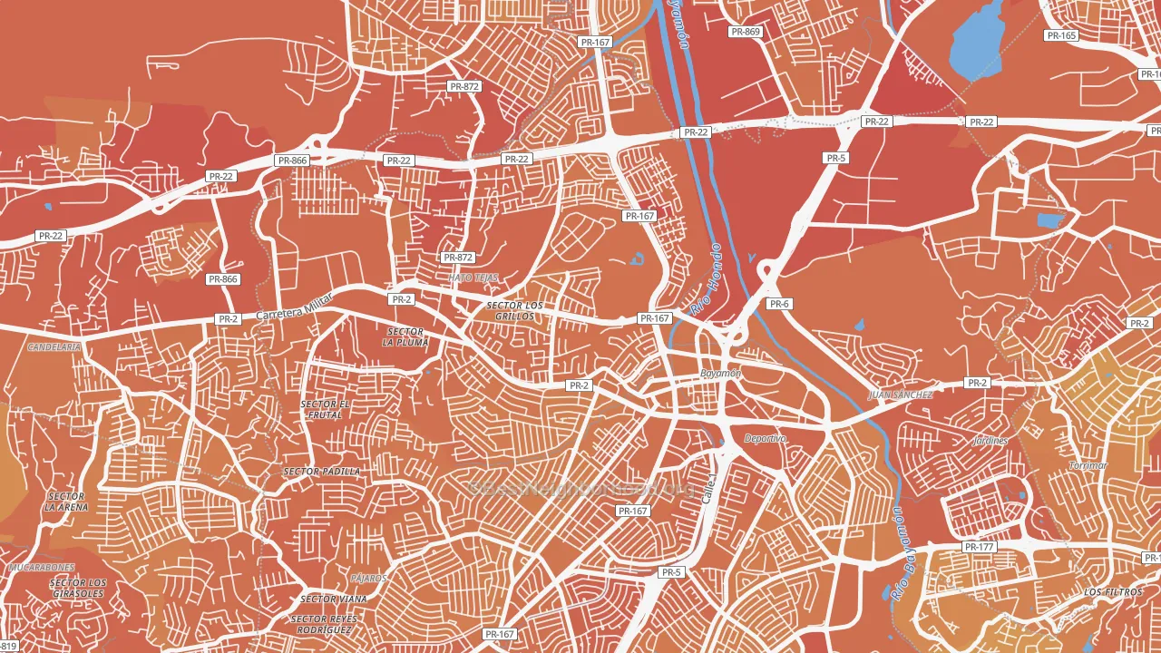 Map of the best neighborhoods in the Urbanizacion Sierra Bayamon, Bayamon area, with better matches in green and worse matches in red