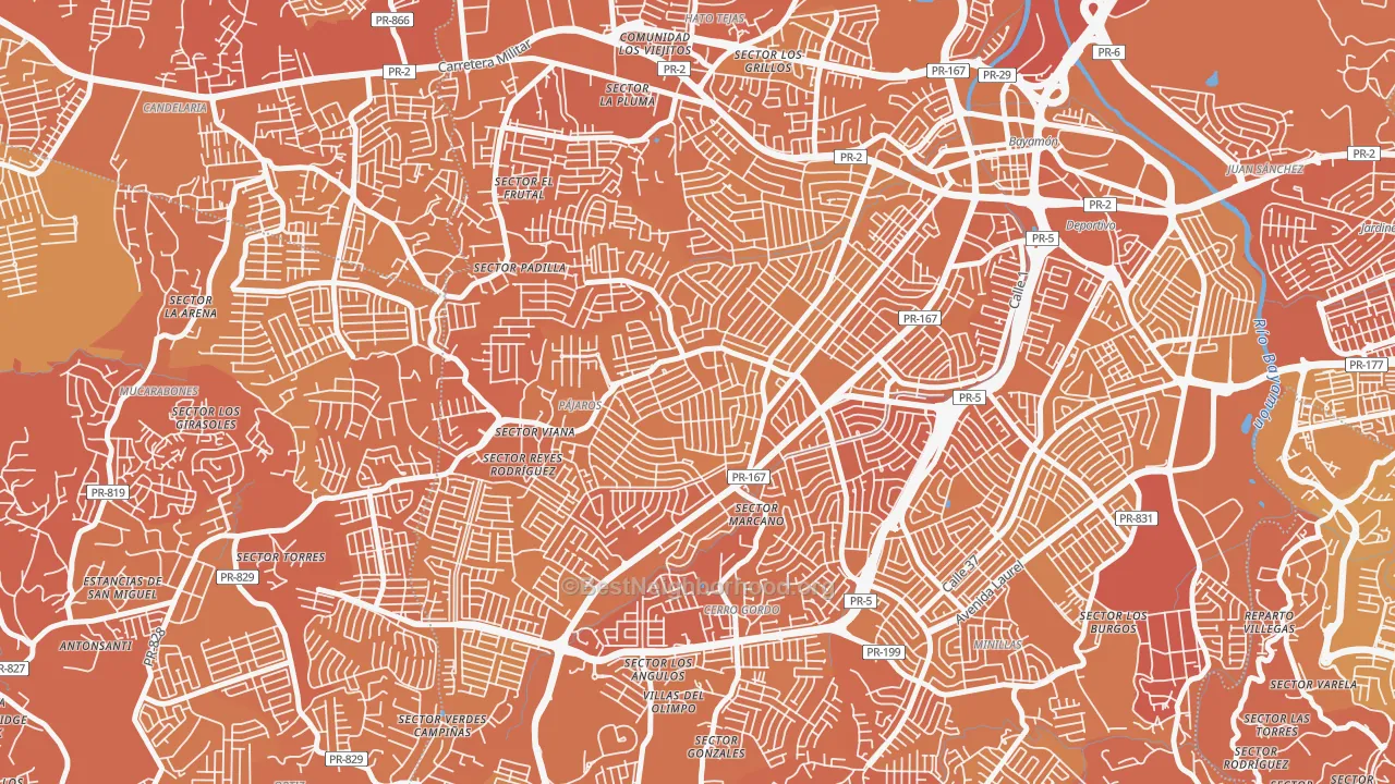 Map of the best neighborhoods in the Urbanizacion Sierra Linda, Bayamon area, with better matches in green and worse matches in red