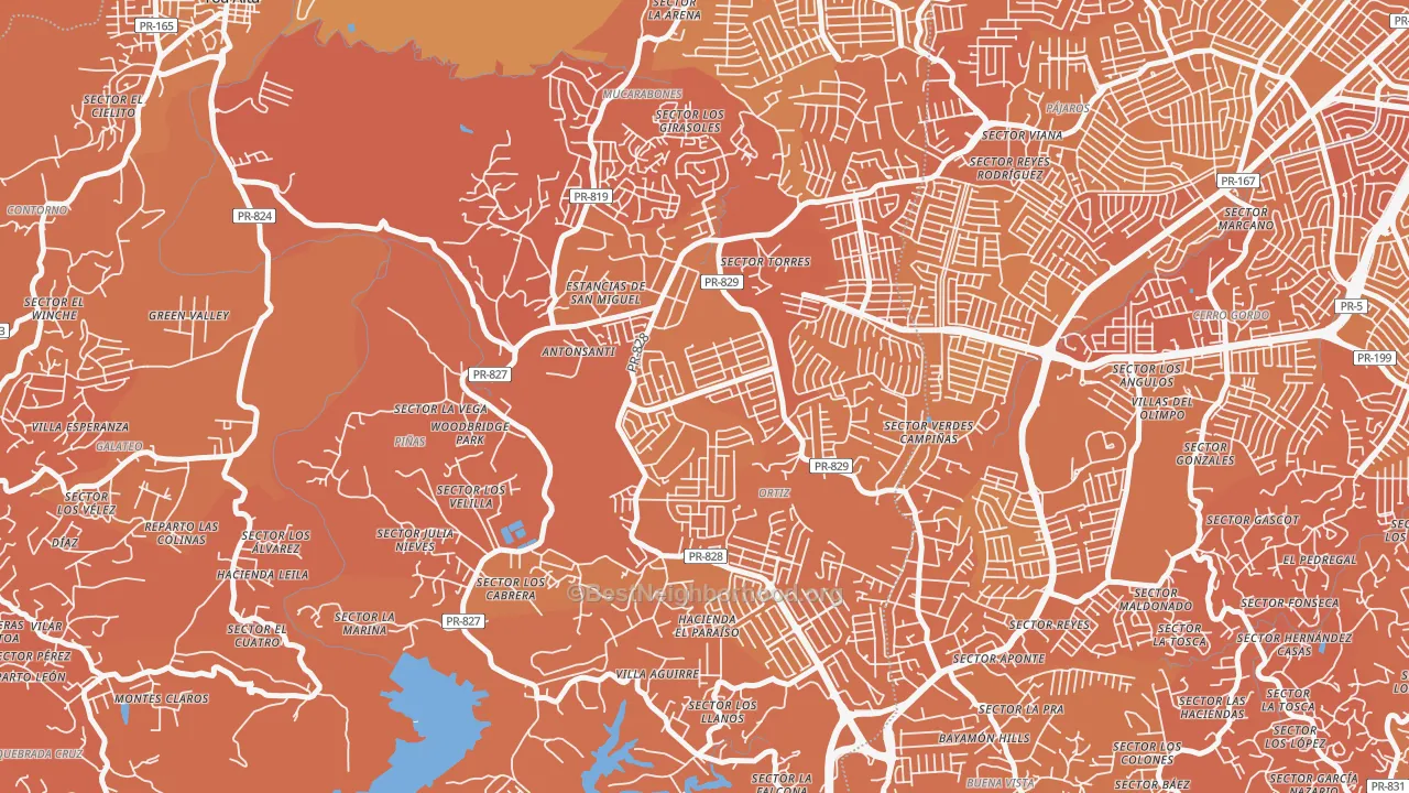 Map of the best neighborhoods in the Urbanizacion Toa Alta Hts, Toa Alta area, with better matches in green and worse matches in red