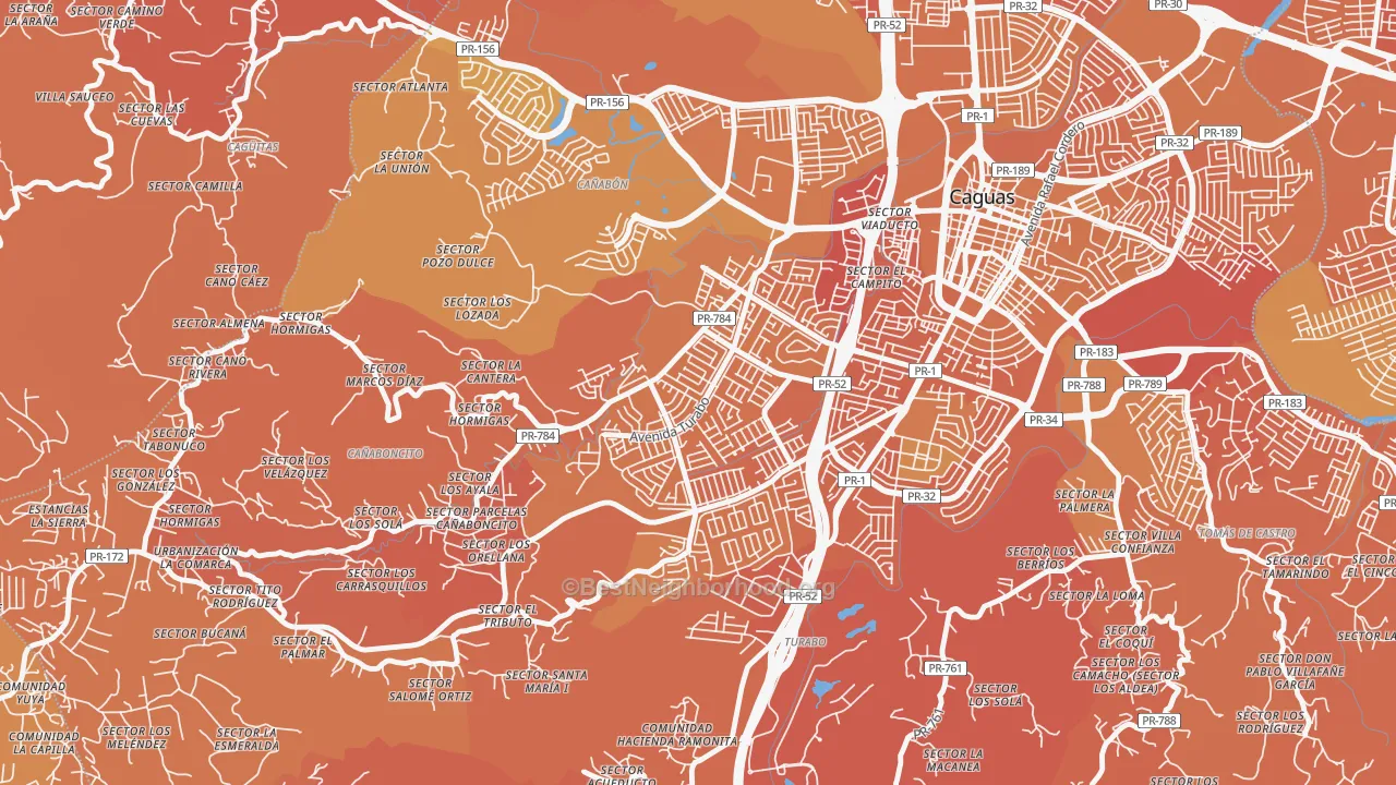 Map of the best neighborhoods in the Urbanizacion Turabo Gdns, Caguas area, with better matches in green and worse matches in red