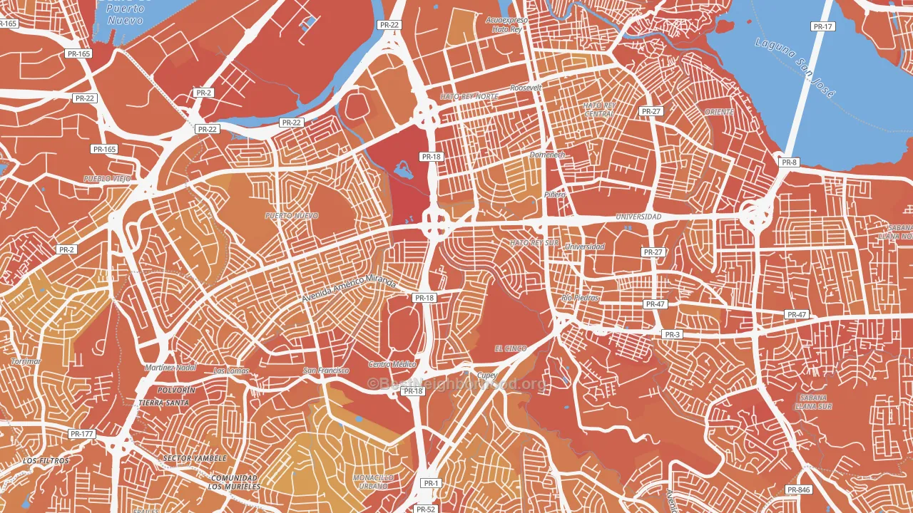 Map of the best neighborhoods in the Urbanizacion University Gdns, San Juan area, with better matches in green and worse matches in red