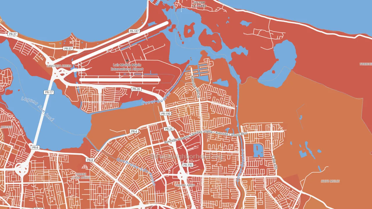 Map of the best neighborhoods in the Urbanizacion Vistamar, Carolina area, with better matches in green and worse matches in red