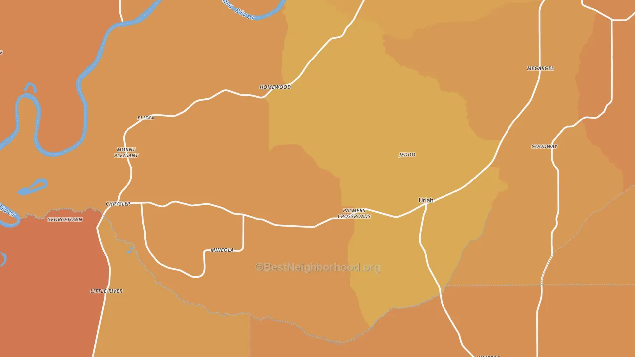 Map of the best neighborhoods in the Uriah area, with better matches in green and worse matches in red