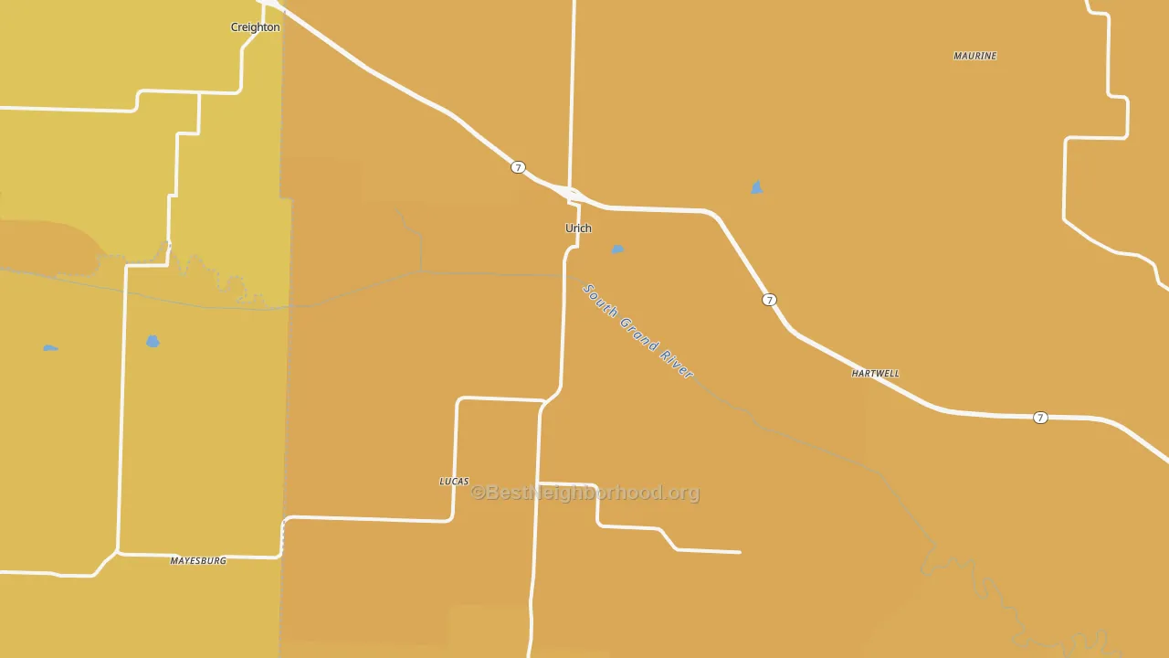 Map of the best neighborhoods in the Urich area, with better matches in green and worse matches in red