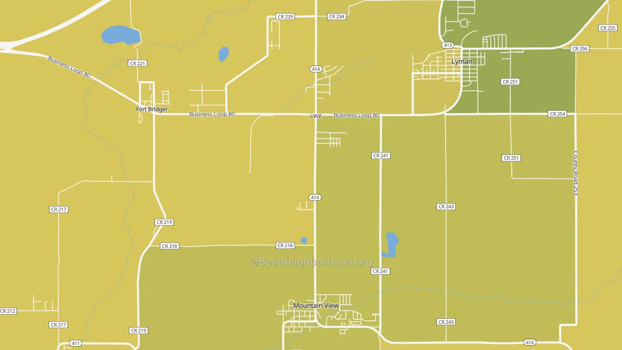 Map of the best neighborhoods in the Urie area, with better matches in green and worse matches in red