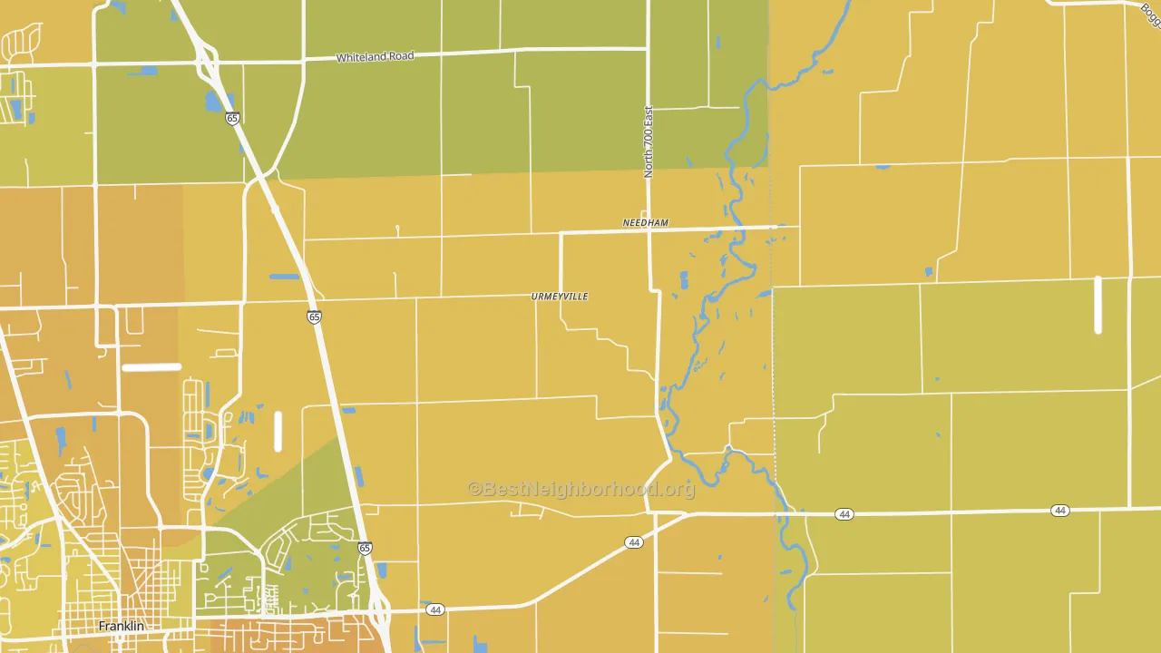 Map of the best neighborhoods in the Urmeyville area, with better matches in green and worse matches in red