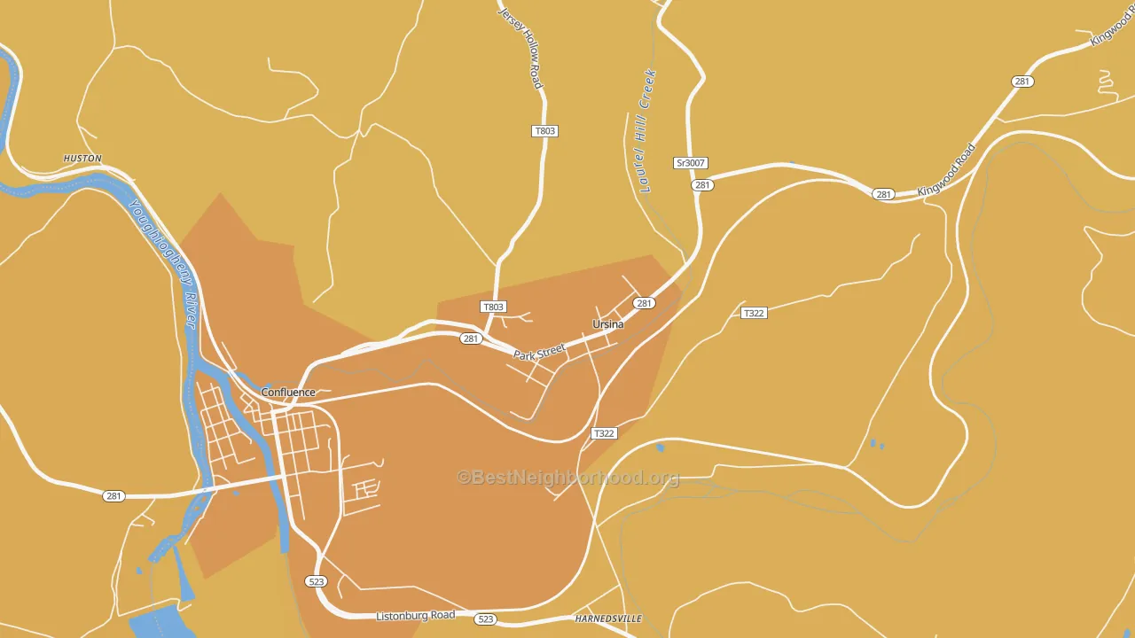 Map of the best neighborhoods in the Ursina area, with better matches in green and worse matches in red