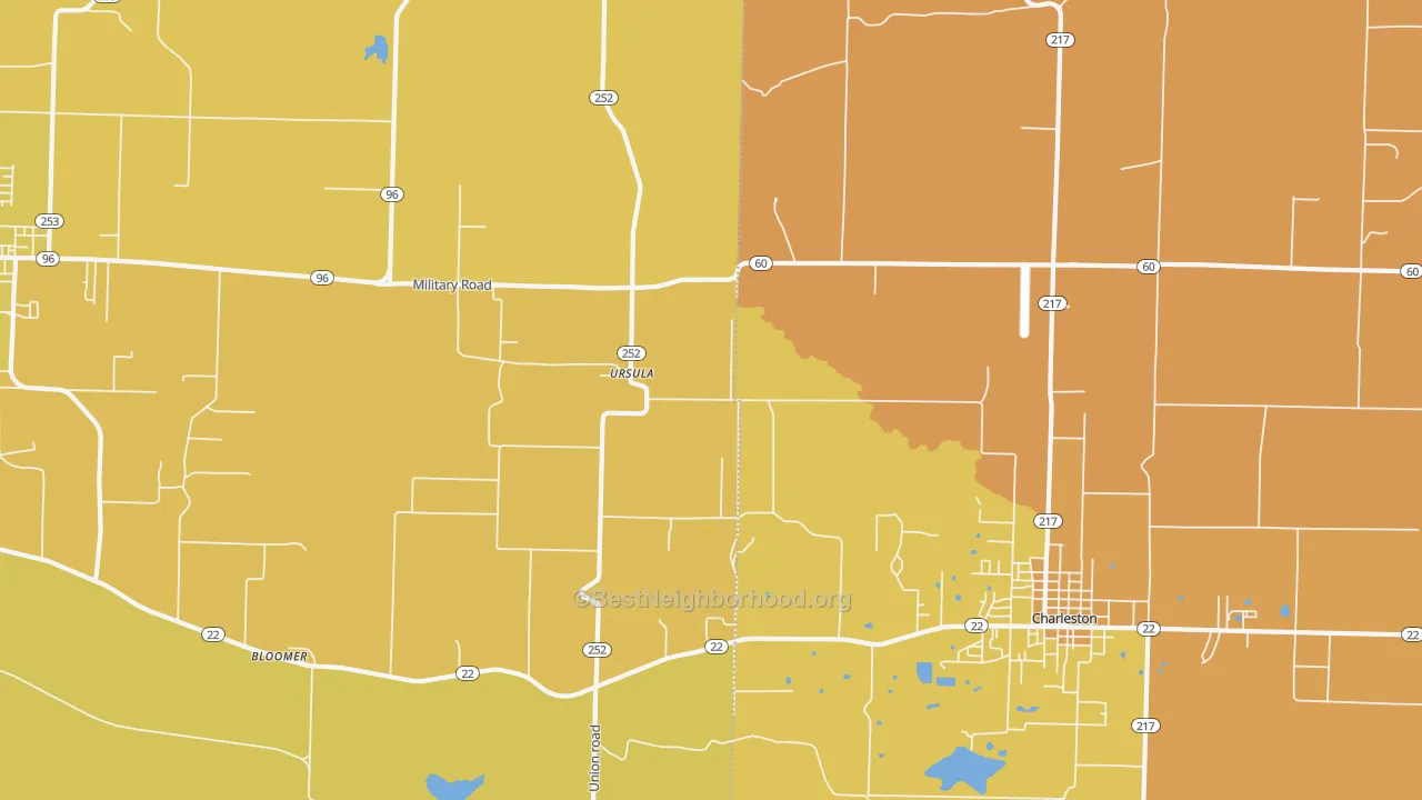 Map of the best neighborhoods in the Ursula area, with better matches in green and worse matches in red