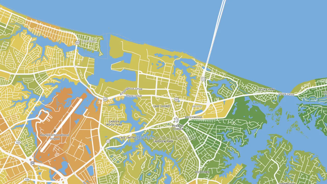 Map of the best neighborhoods in the US Navy Little Creek Amphibious Base, Norfolk area, with better matches in green and worse matches in red