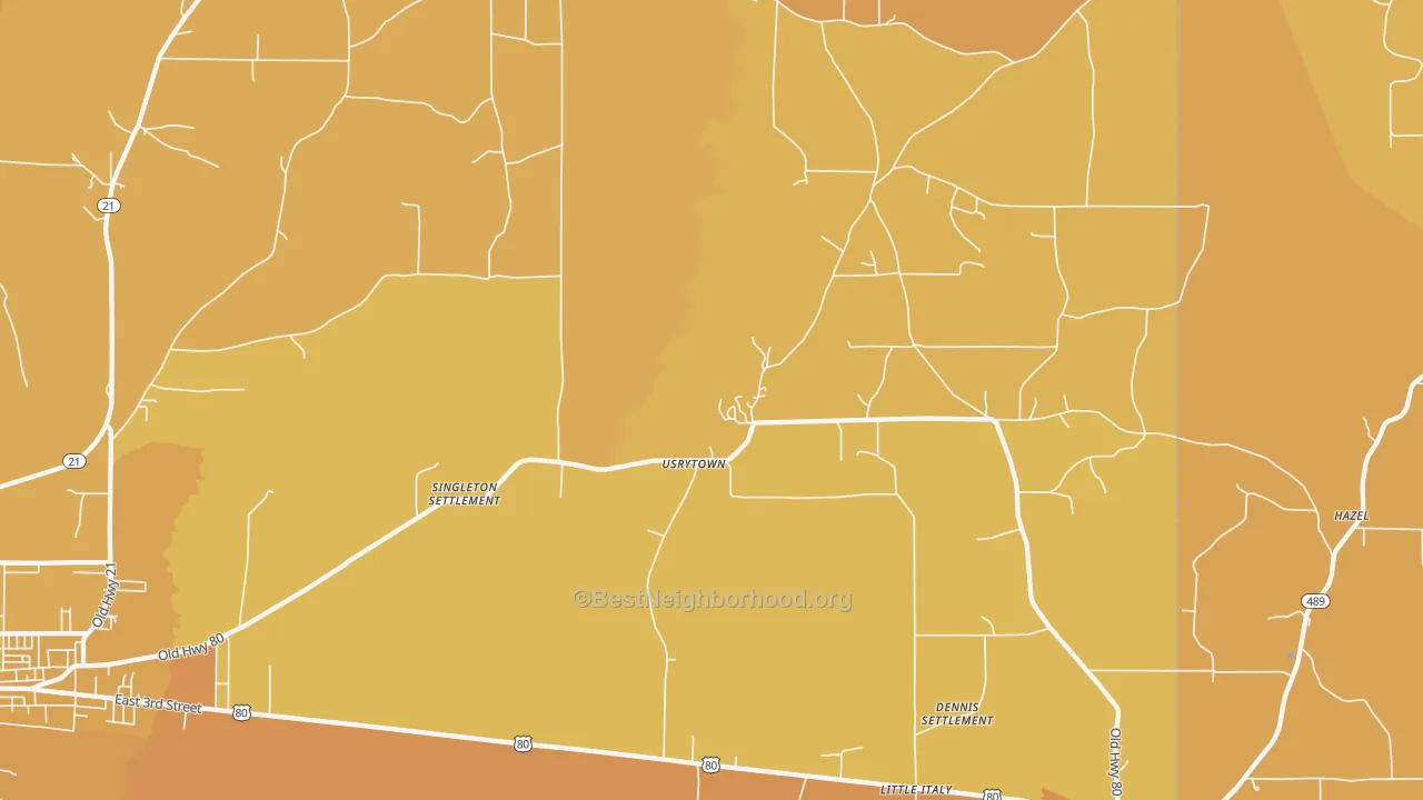Map of the best neighborhoods in the Usrytown area, with better matches in green and worse matches in red