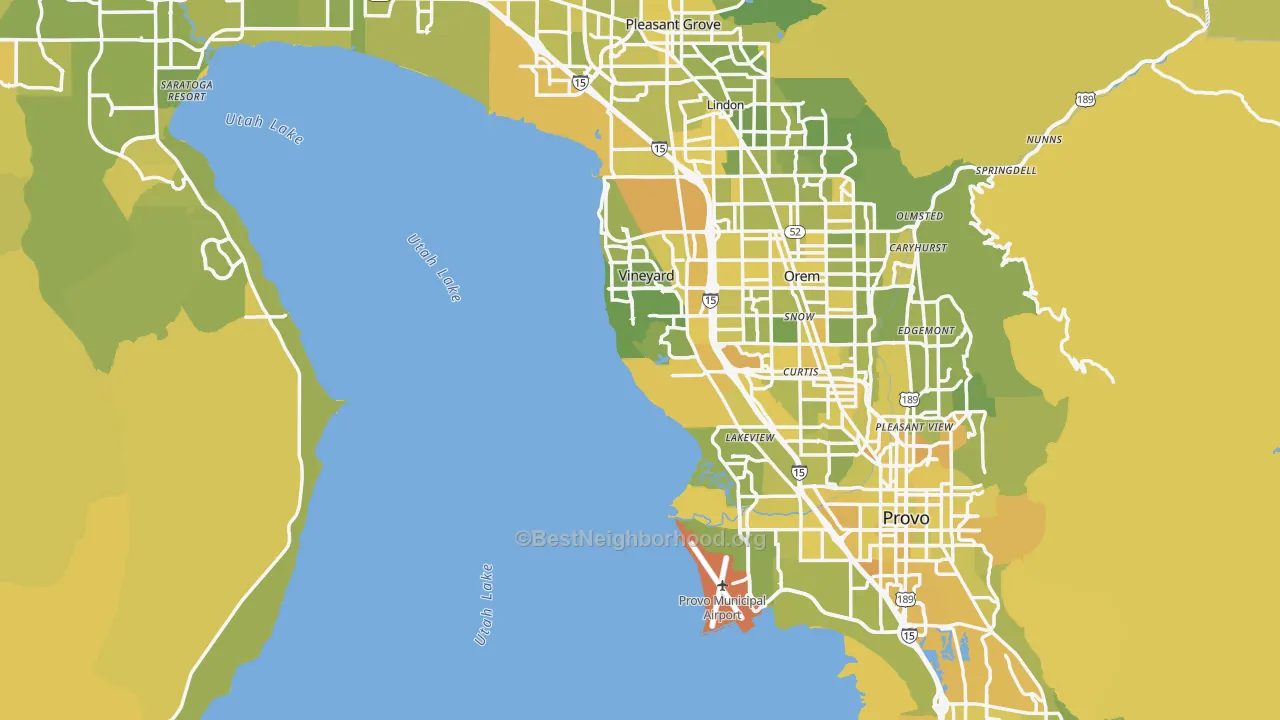 Map of the best neighborhoods in the Utah County area, with better matches in green and worse matches in red