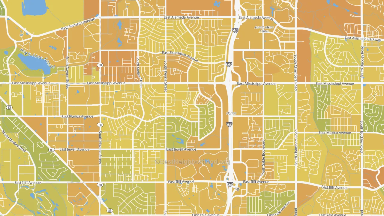 Map of the best neighborhoods in the Utah Park, Aurora area, with better matches in green and worse matches in red