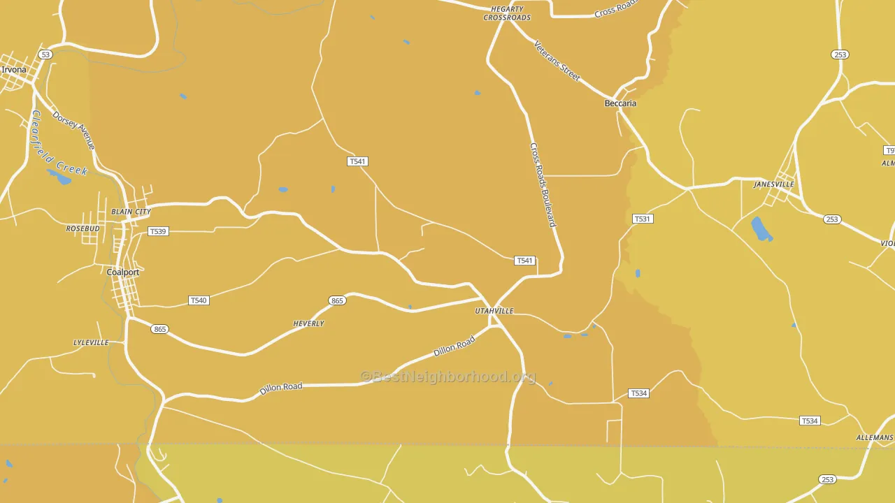 Map of the best neighborhoods in the Utahville area, with better matches in green and worse matches in red