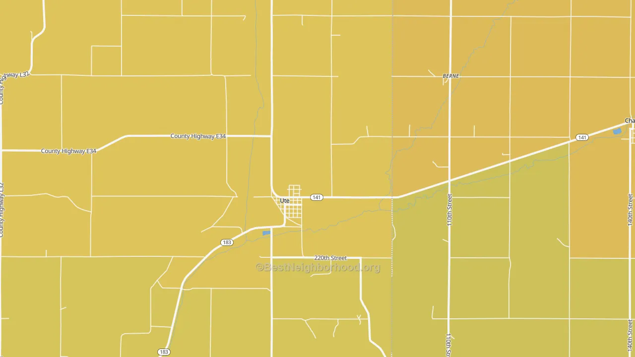 Map of the best neighborhoods in the Ute area, with better matches in green and worse matches in red