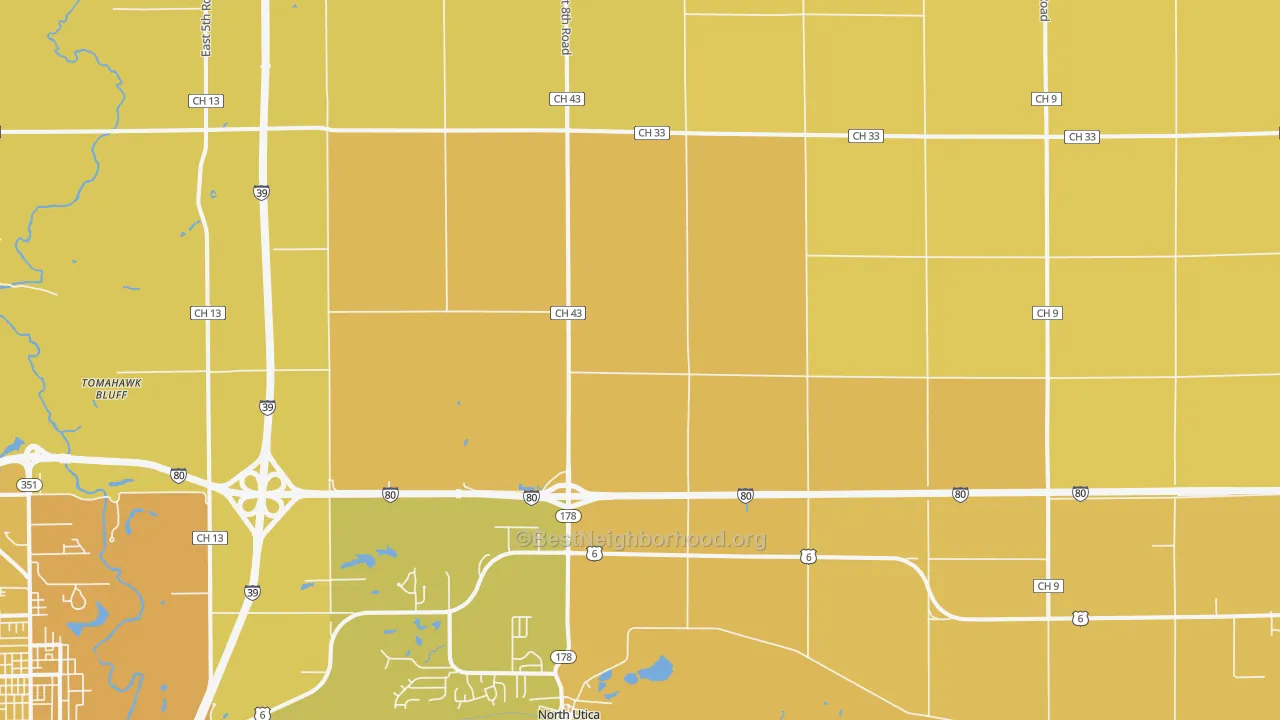 Map of the best neighborhoods in the Utica area, with better matches in green and worse matches in red