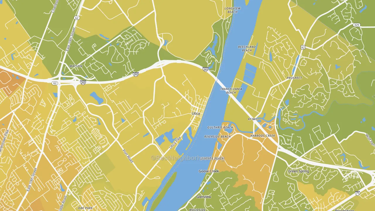 Map of the best neighborhoods in the Utica area, with better matches in green and worse matches in red