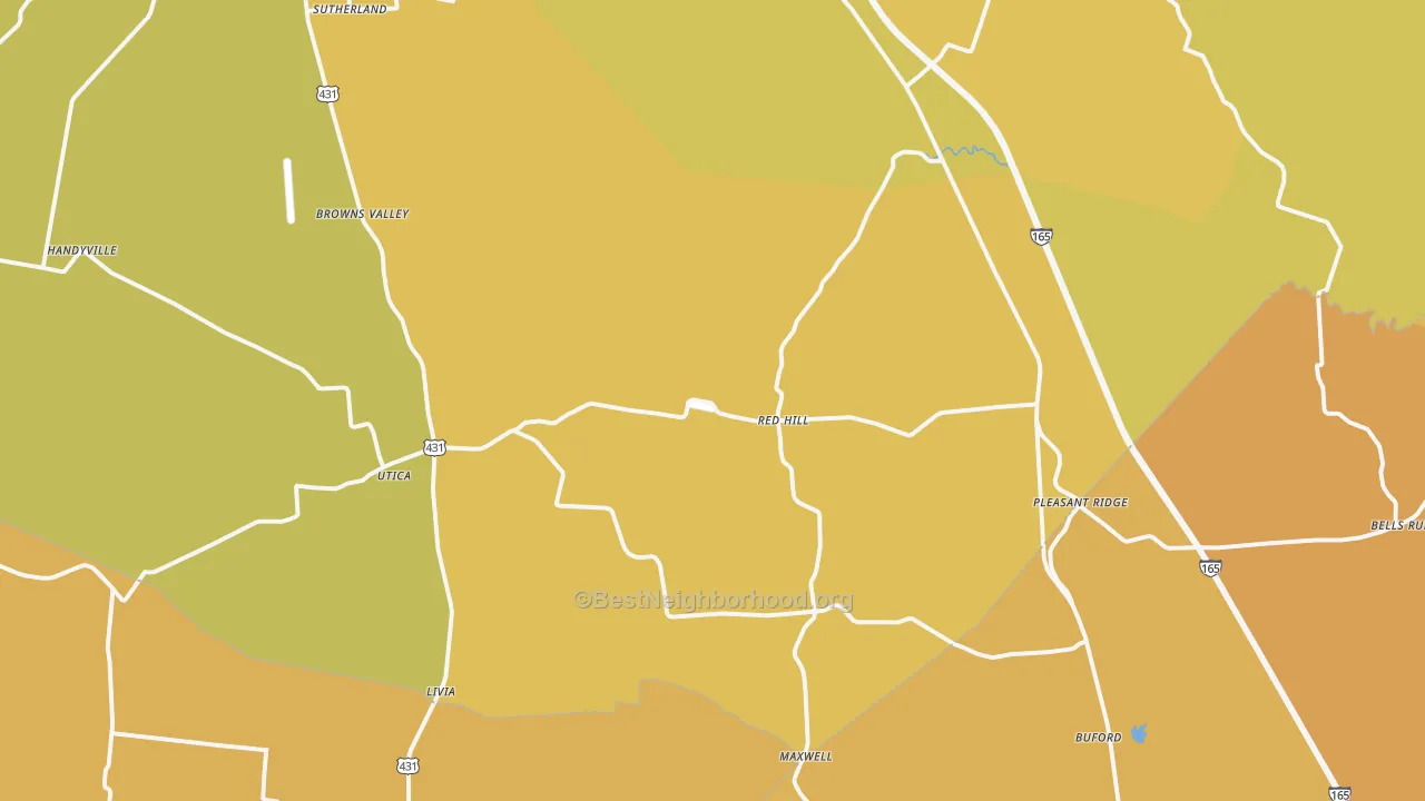 Map of the best neighborhoods in the Utica area, with better matches in green and worse matches in red