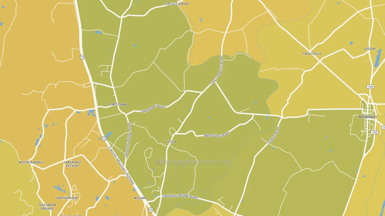 Map of the best neighborhoods in the Utica area, with better matches in green and worse matches in red