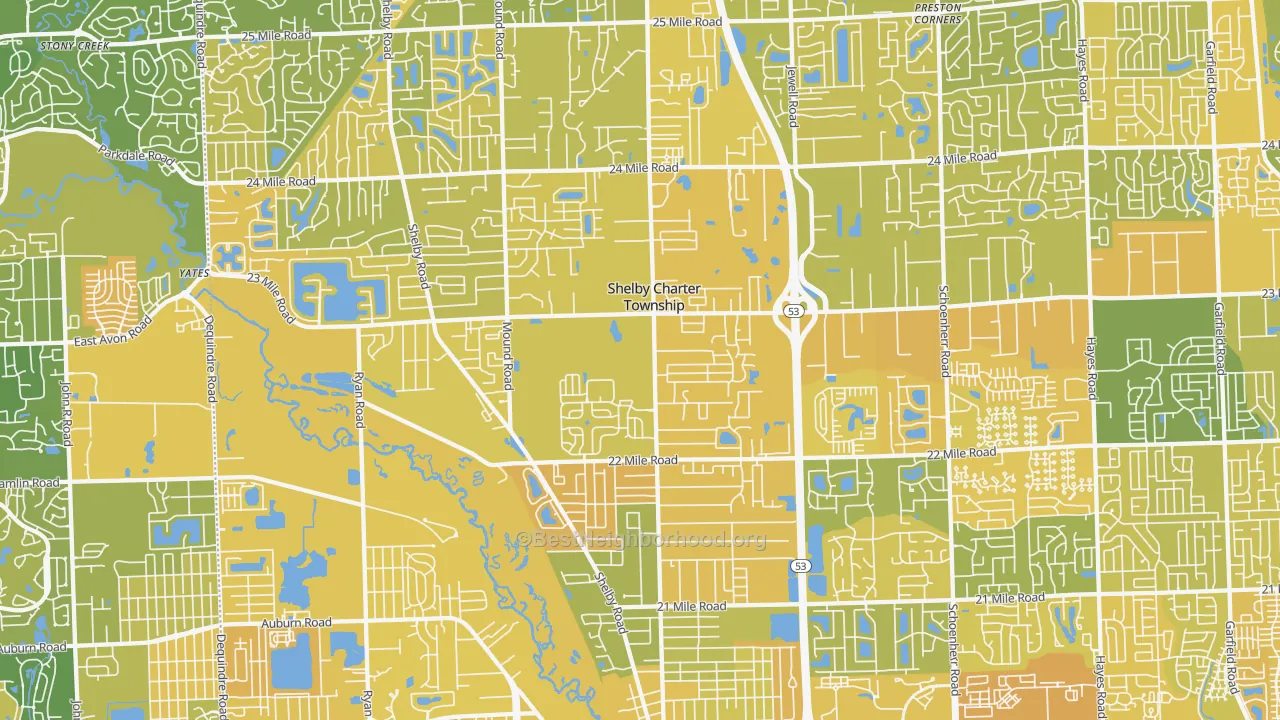 Map of the best neighborhoods in the Utica area, with better matches in green and worse matches in red