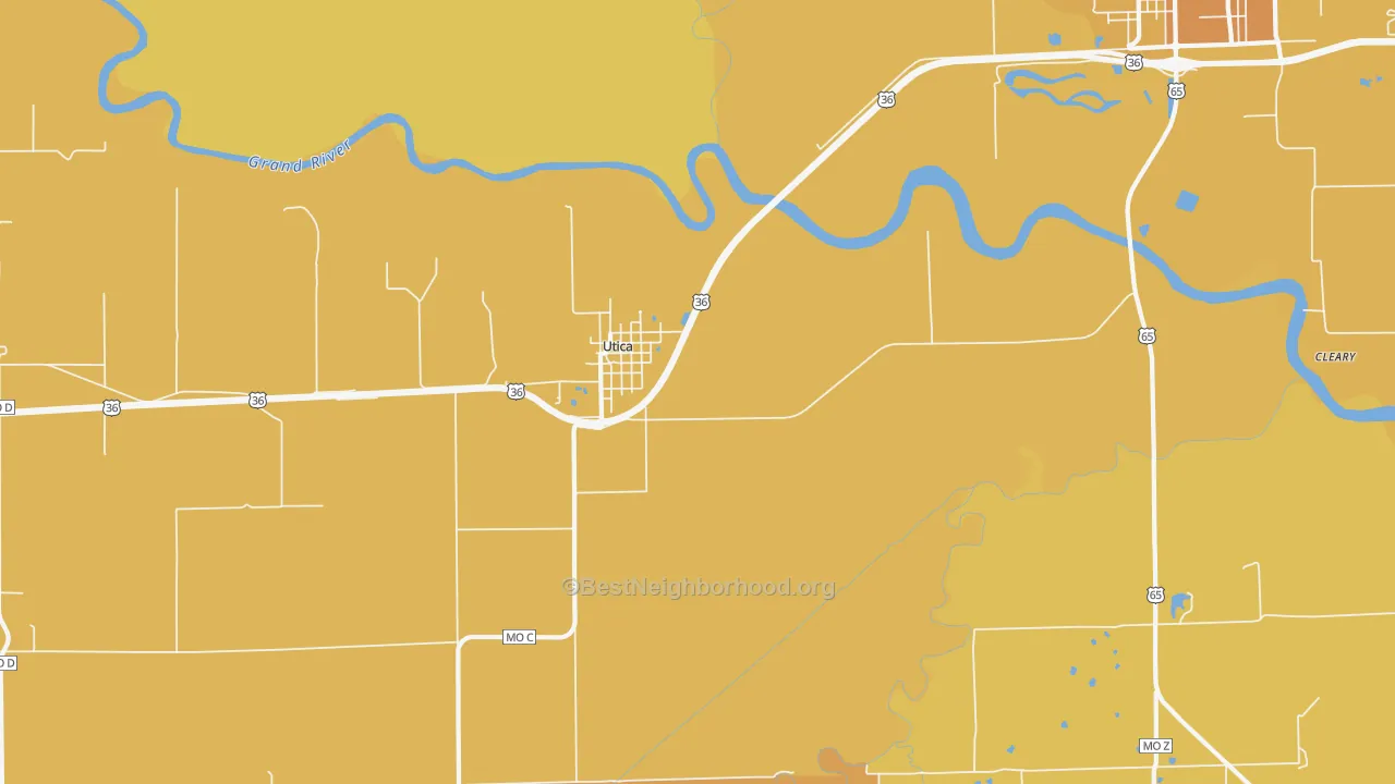 Map of the best neighborhoods in the Utica area, with better matches in green and worse matches in red